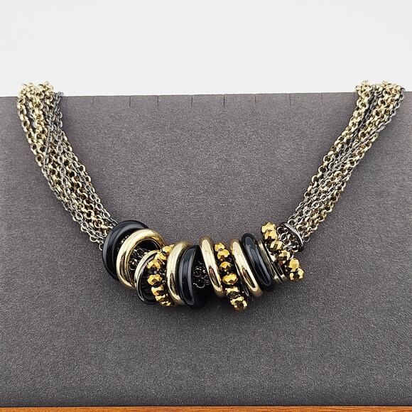 Robert Rose Multichain Beaded Statement Necklace Silver Gold Black Chunky - Picture 1 of 5